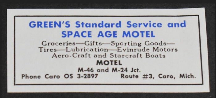 Greens Standard Service and Space Age Motel (M-46 Motel) - Vintage Print Ad (newer photo)